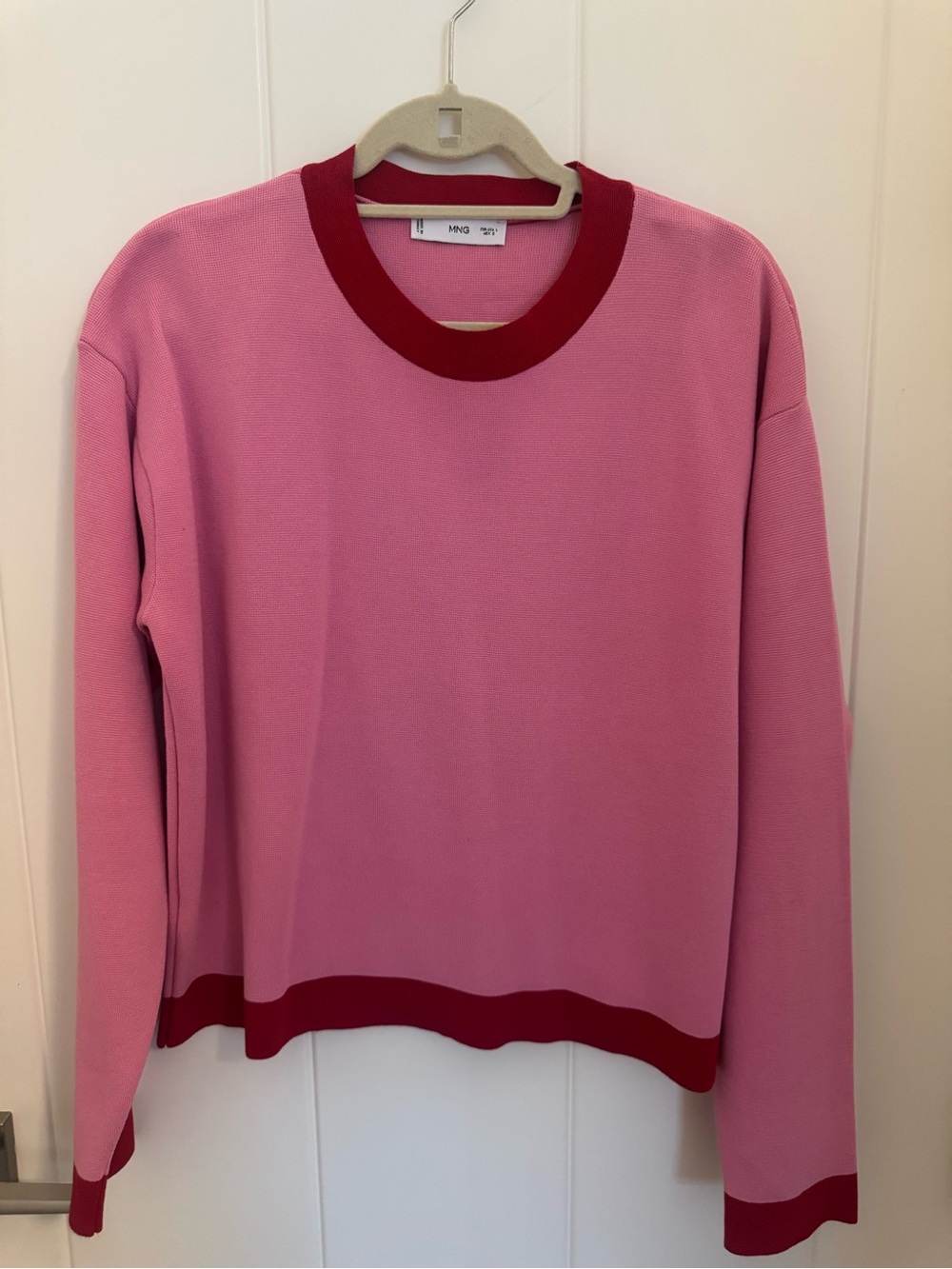 Mango Pink Knit Sweater with Red Trim